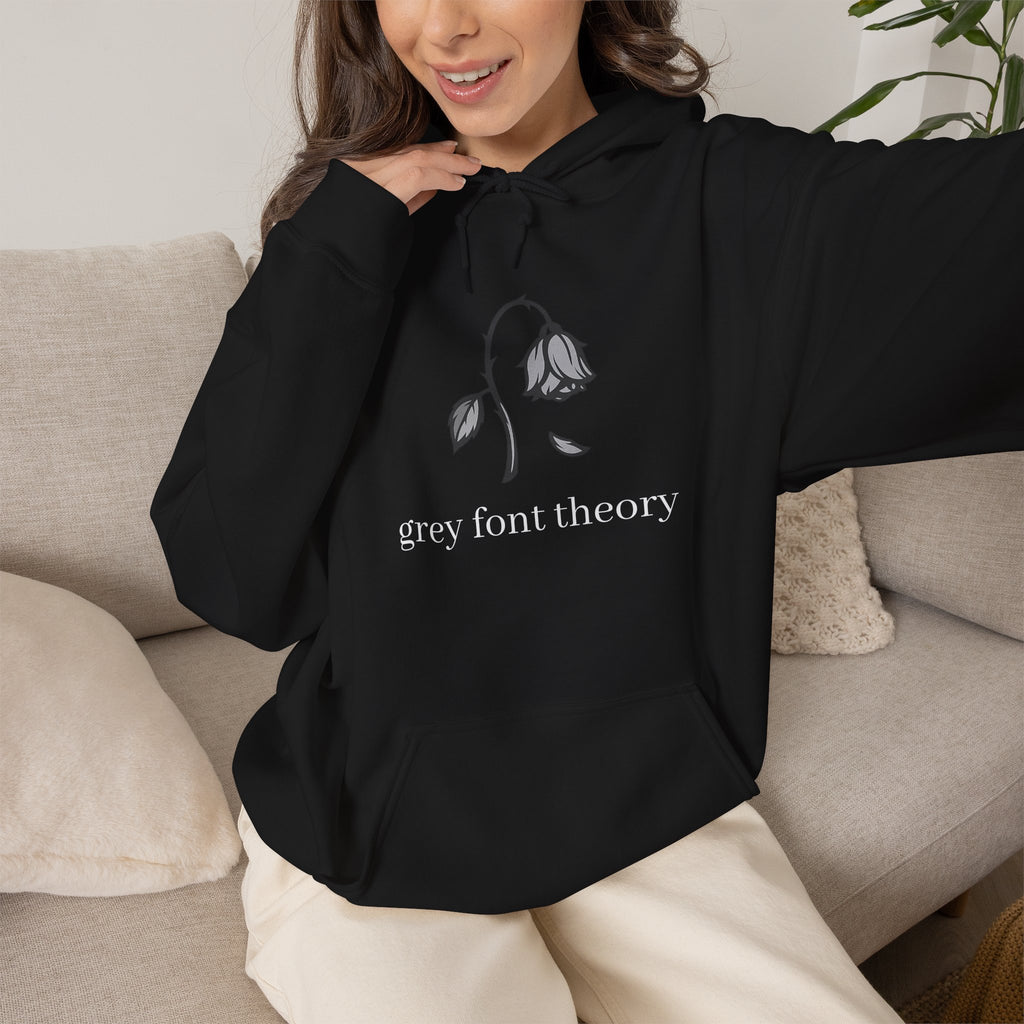 Grey Font Theory Hoodie — Minimal Black Rose Graphic Hooded Sweatshirt