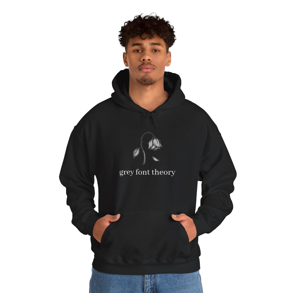 Grey Font Theory Hoodie — Minimal Black Rose Graphic Hooded Sweatshirt