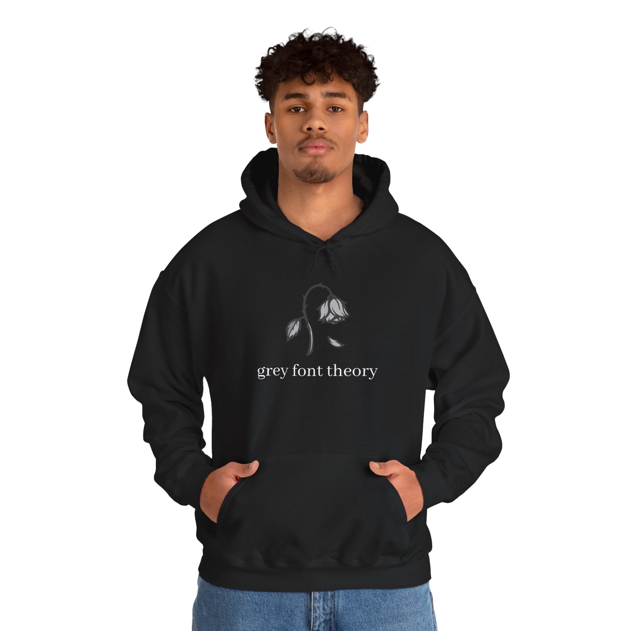 Grey Font Theory Hoodie — Minimal Black Rose Graphic Hooded Sweatshirt