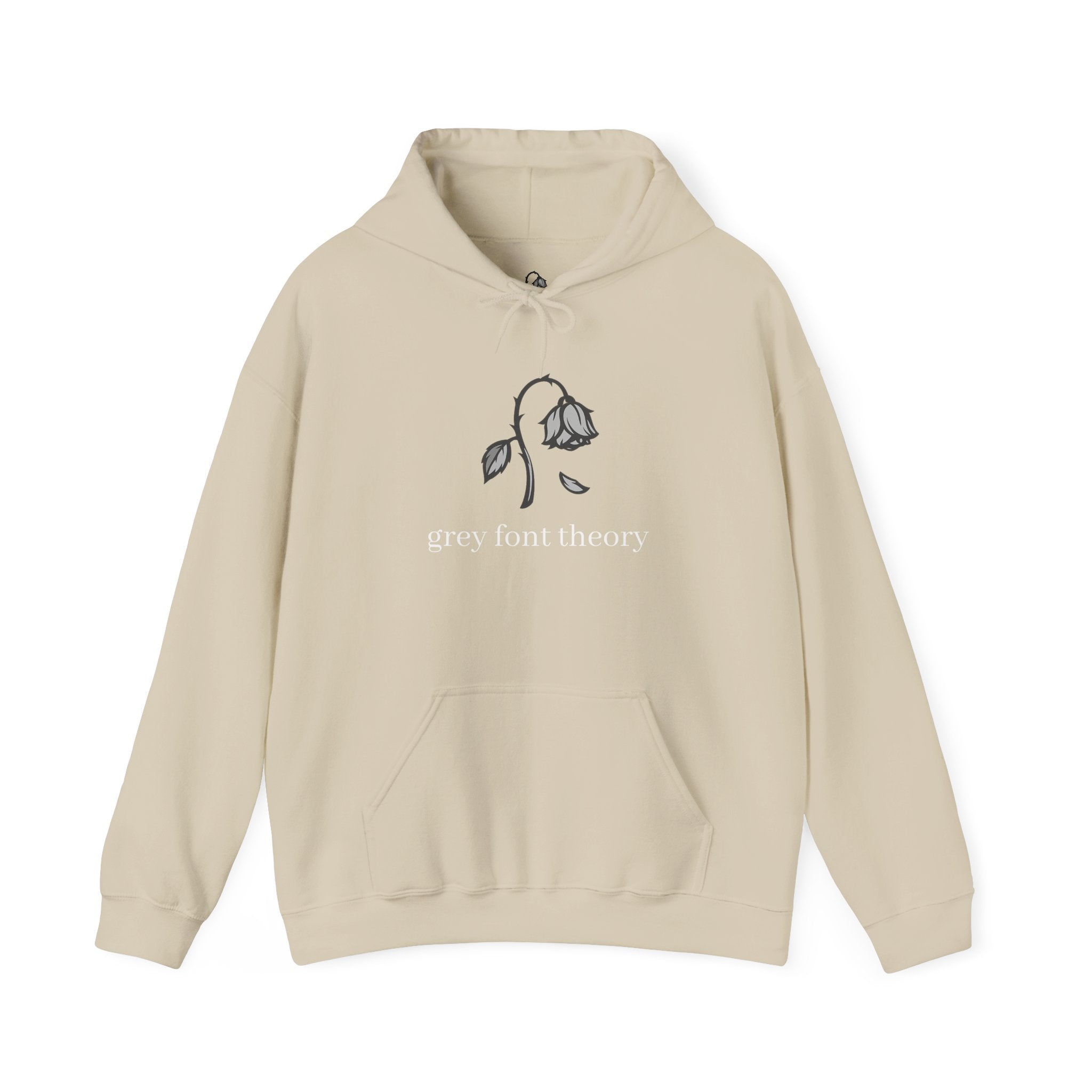 Grey Font Theory Hoodie — Minimal Black Rose Graphic Hooded Sweatshirt