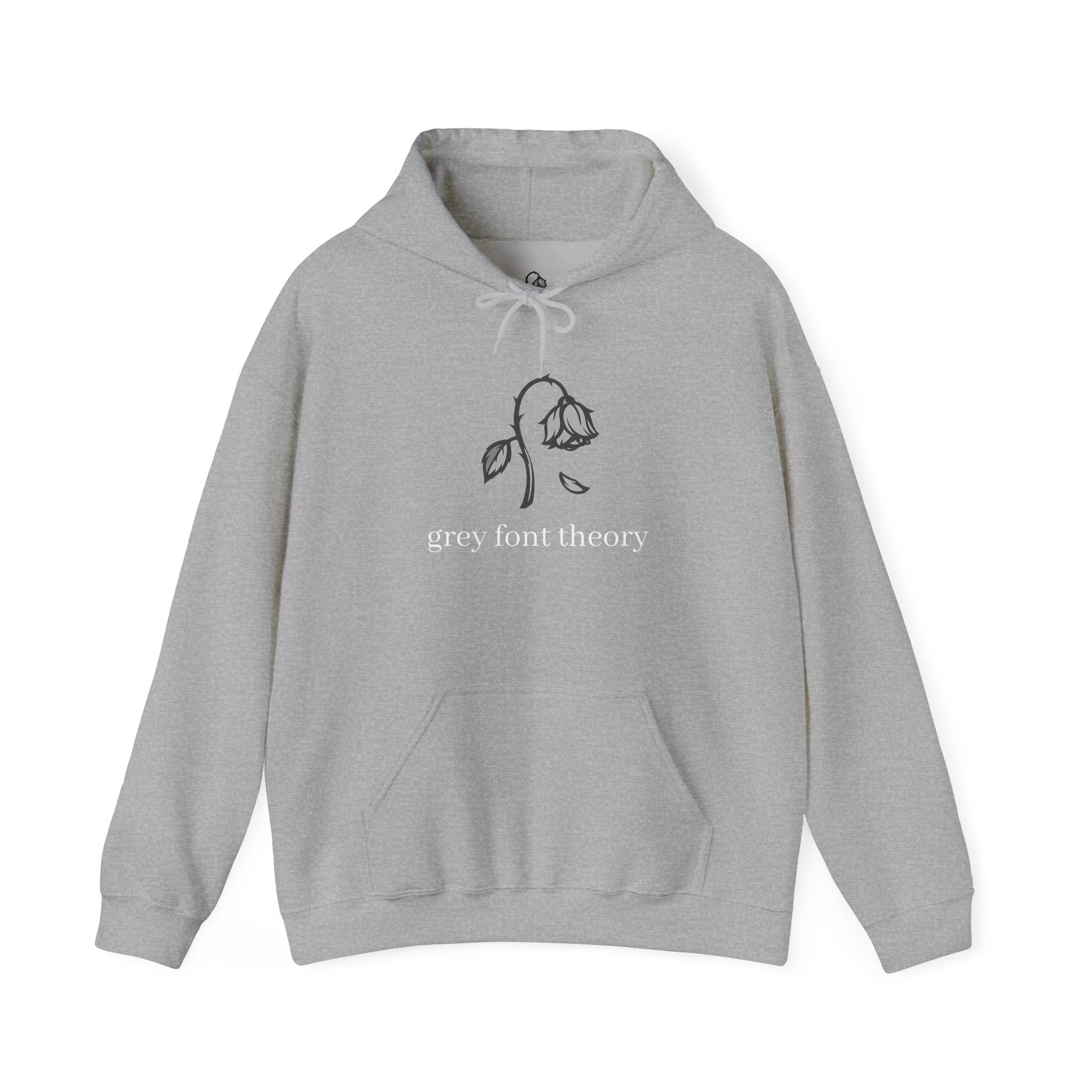Grey Font Theory Hoodie — Minimal Black Rose Graphic Hooded Sweatshirt