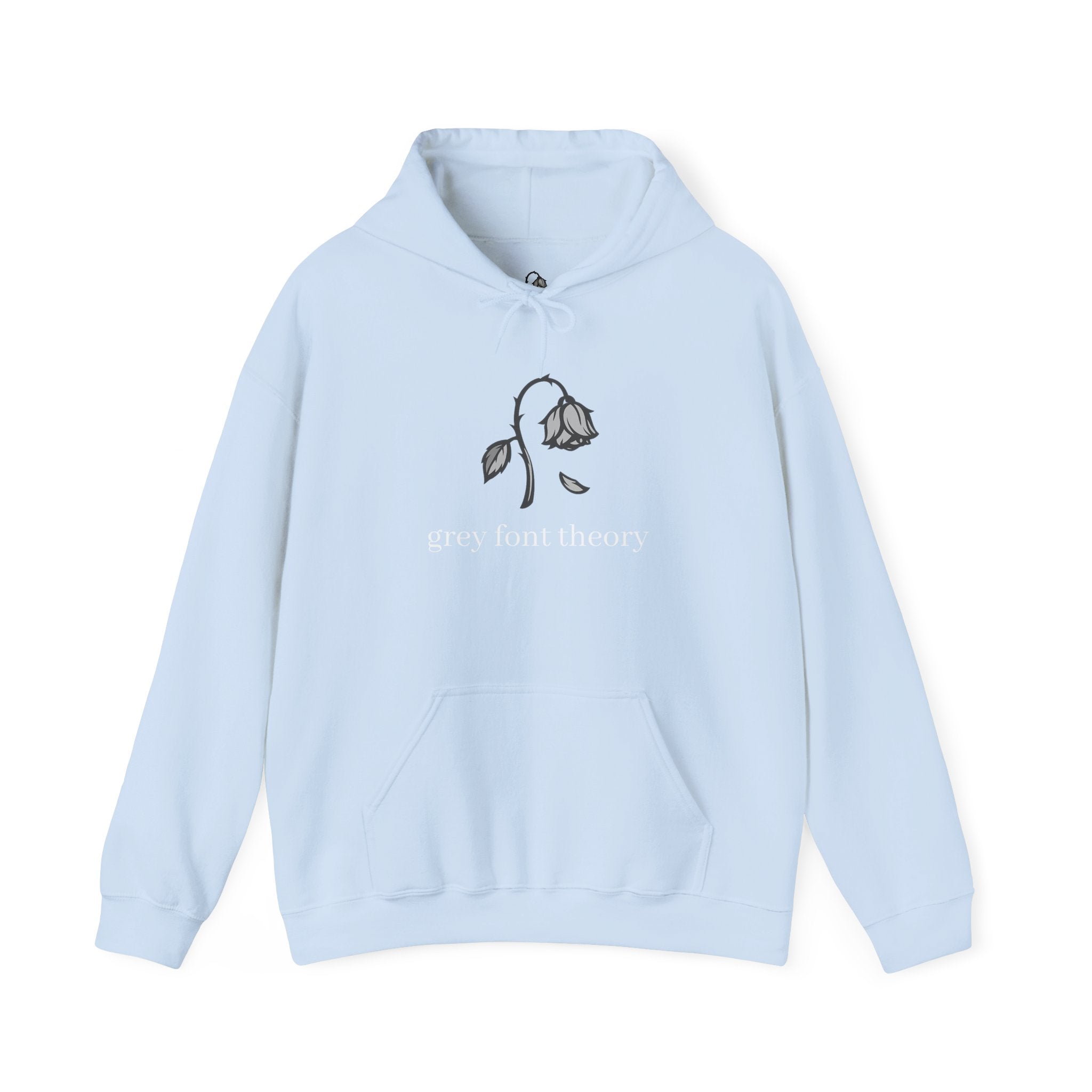 Grey Font Theory Hoodie — Minimal Black Rose Graphic Hooded Sweatshirt