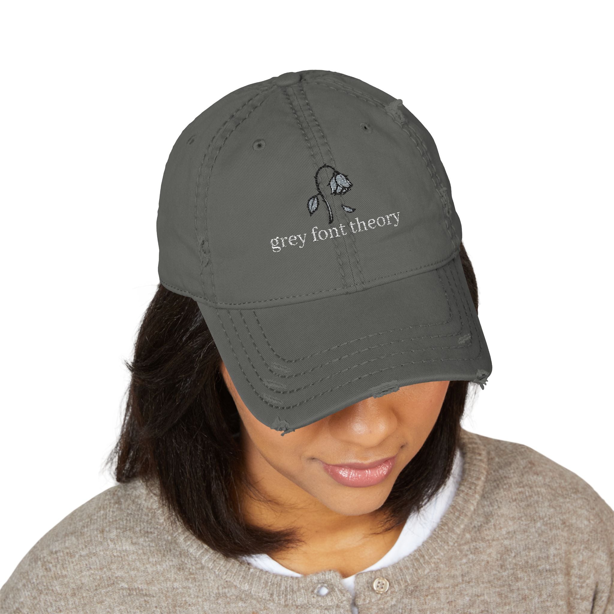 Distressed Embroidered Hat — "grey font theory" Vintage Cap