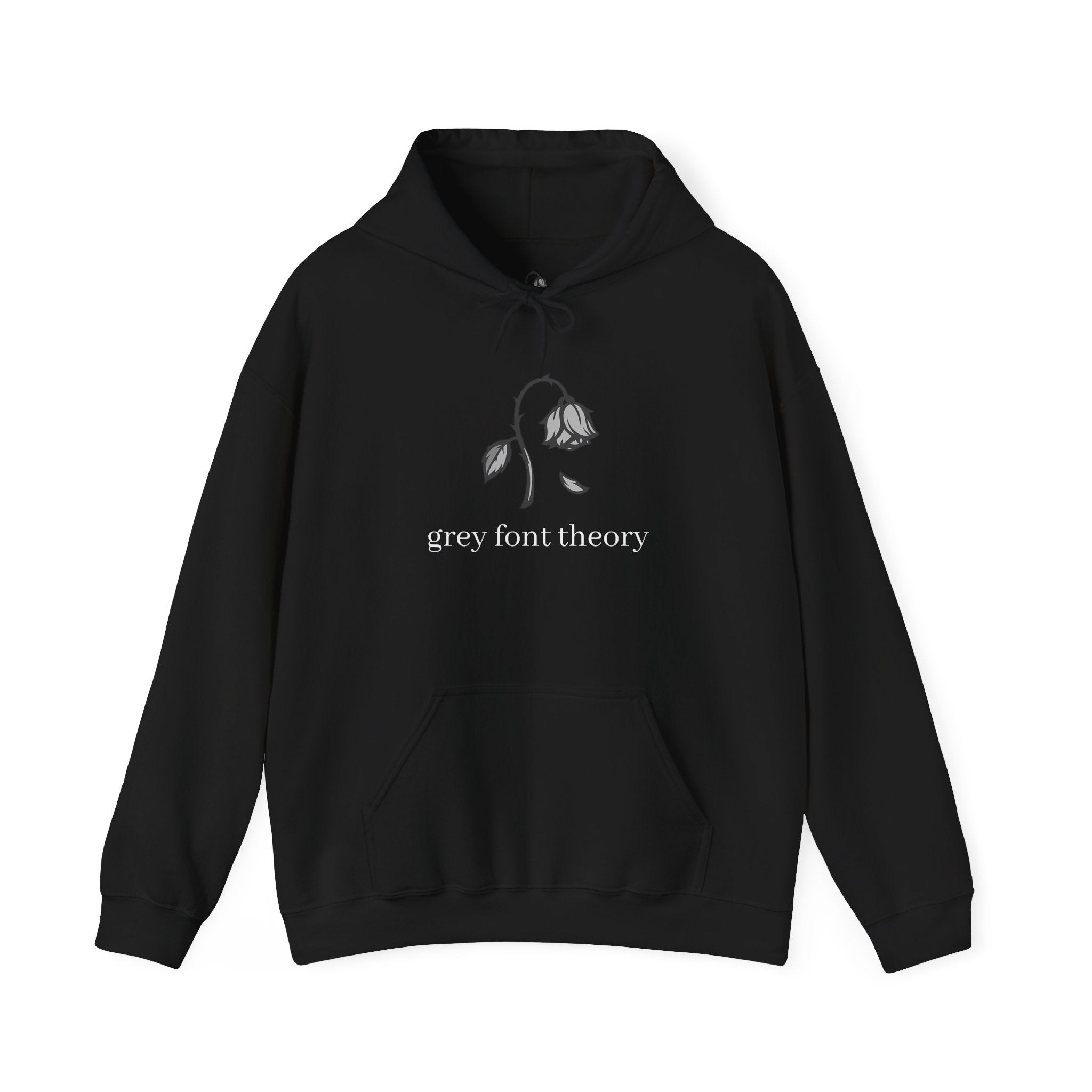 Grey Font Theory Hoodie — Minimal Black Rose Graphic Hooded Sweatshirt