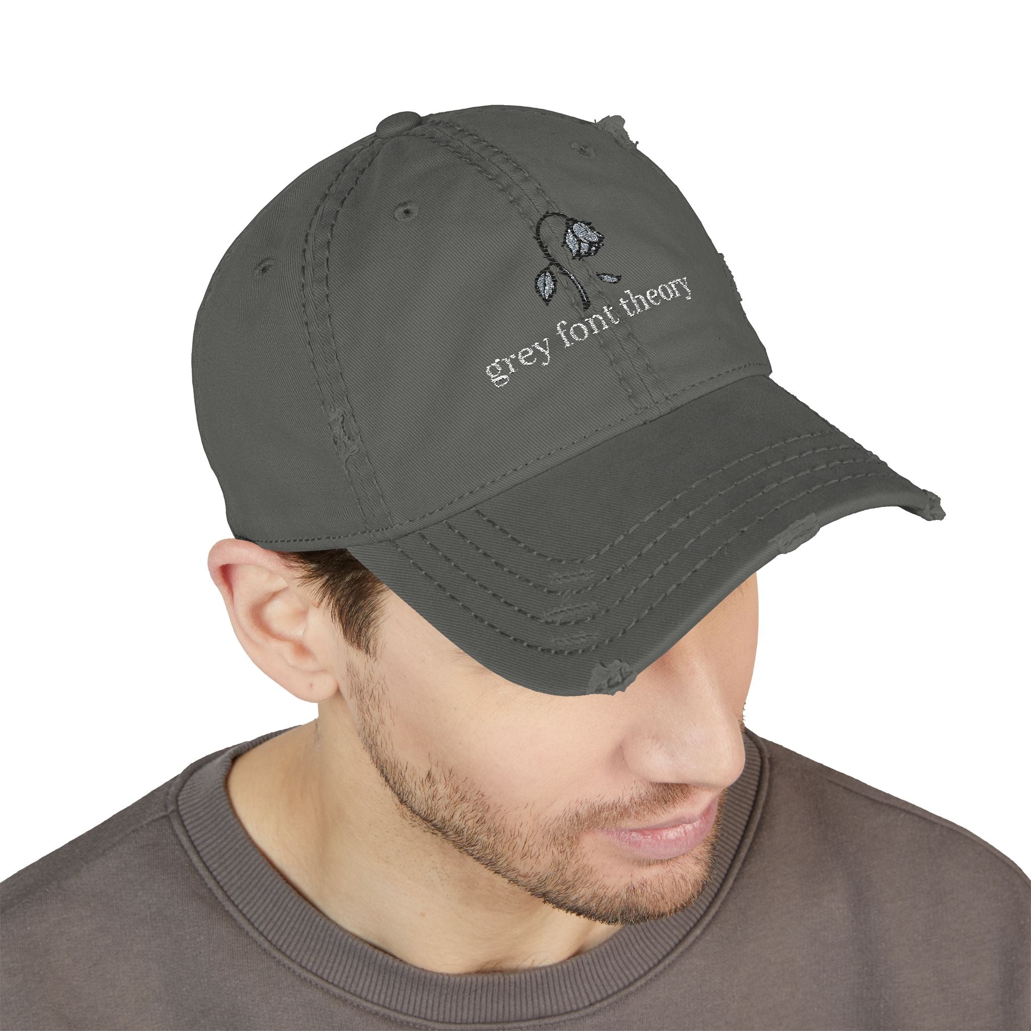Distressed Embroidered Hat — "grey font theory" Vintage Cap